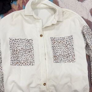 SHEIN White Corduroy Shirt with Animal Print Accents